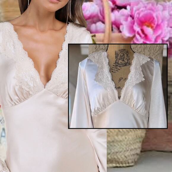 Lulus Women Illustrious Elegance Champagne Satin Long Sleeve Midi Dress Size: L - Picture 2 of 10